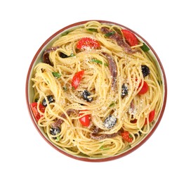 Plate of delicious pasta with anchovies, tomatoes and parmesan cheese isolated on white, top view