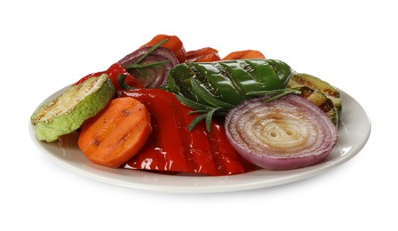 Different delicious grilled vegetables on white background