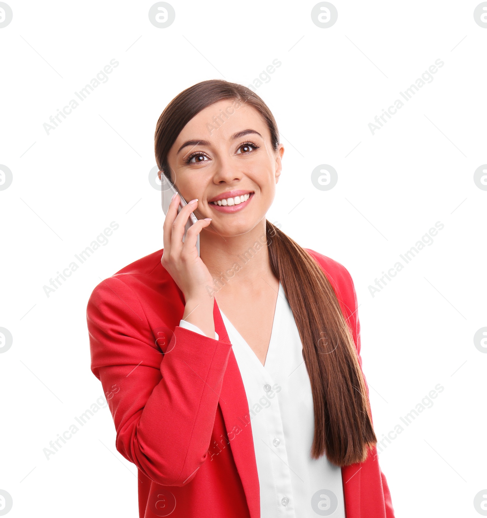 Photo of Young woman talking on phone against white background