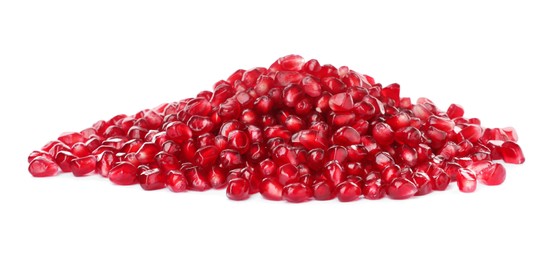 Photo of Pile of tasty pomegranate seeds on white background