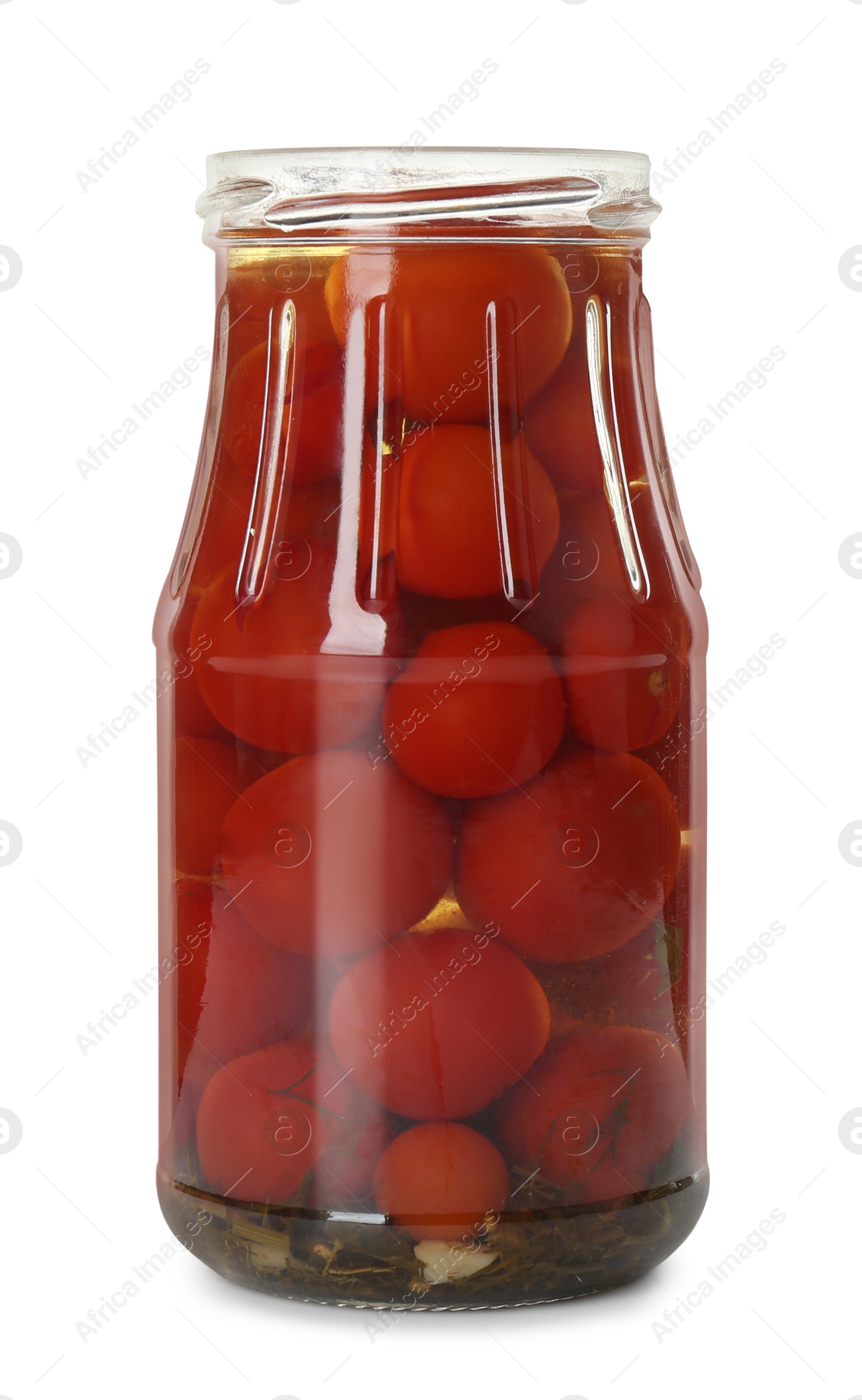 Photo of Jar of pickled tomatoes isolated on white