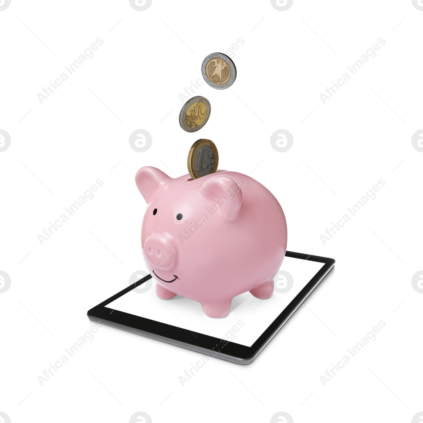 Image of Piggy bank with coins and tablet on white background. Online banking