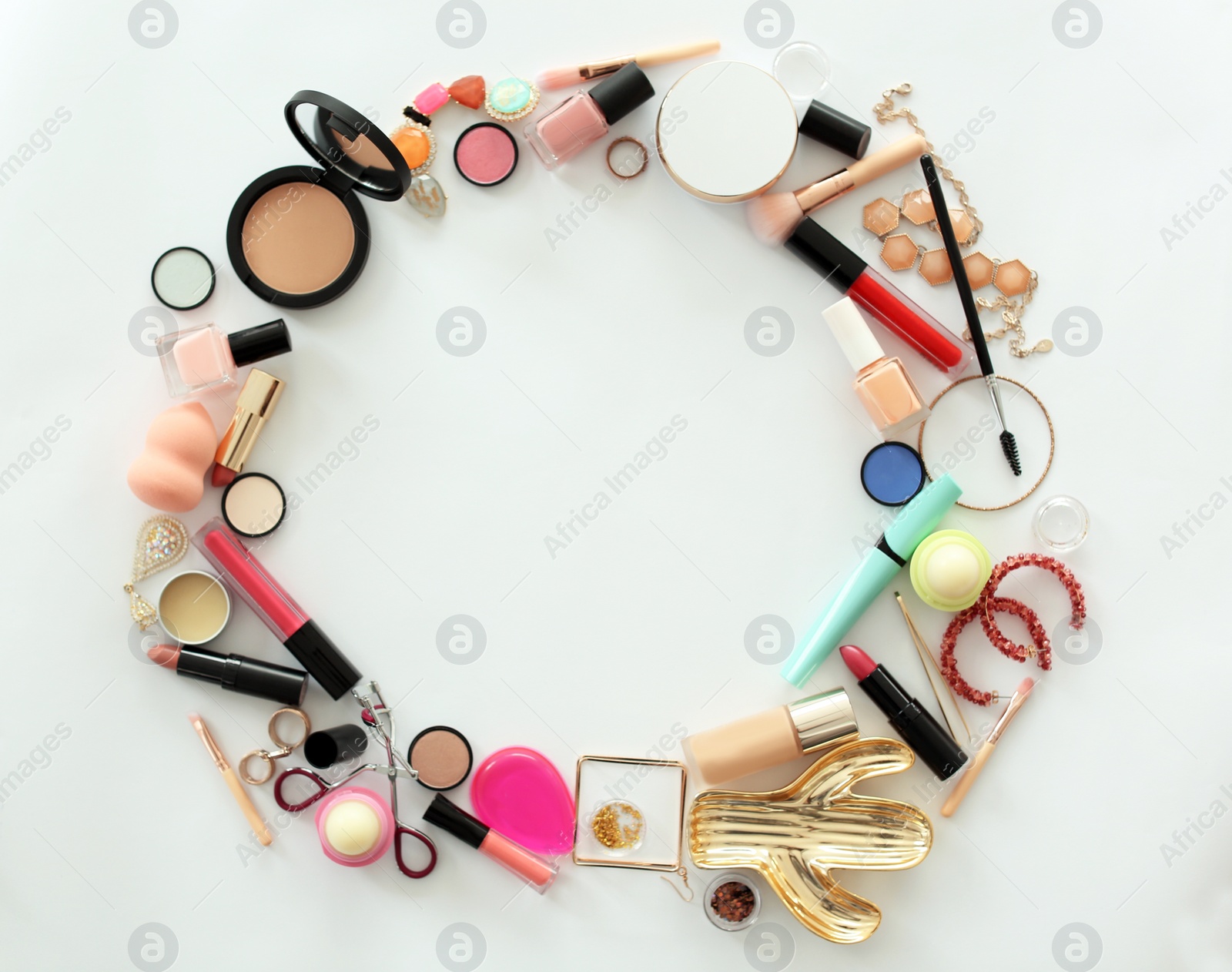Photo of Flat lay composition with makeup products for woman on light background