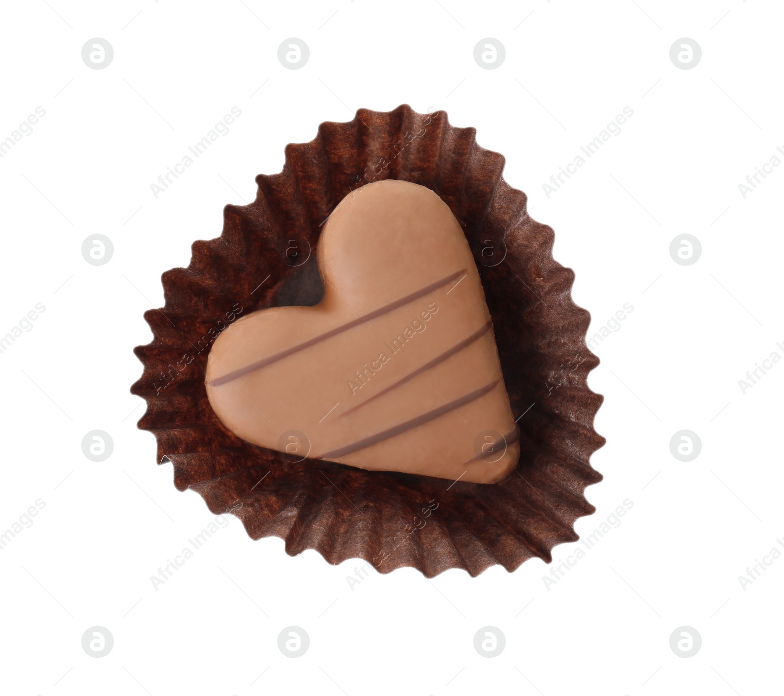 Photo of Tasty heart shaped chocolate candy isolated on white, top view. Valentine's day celebration