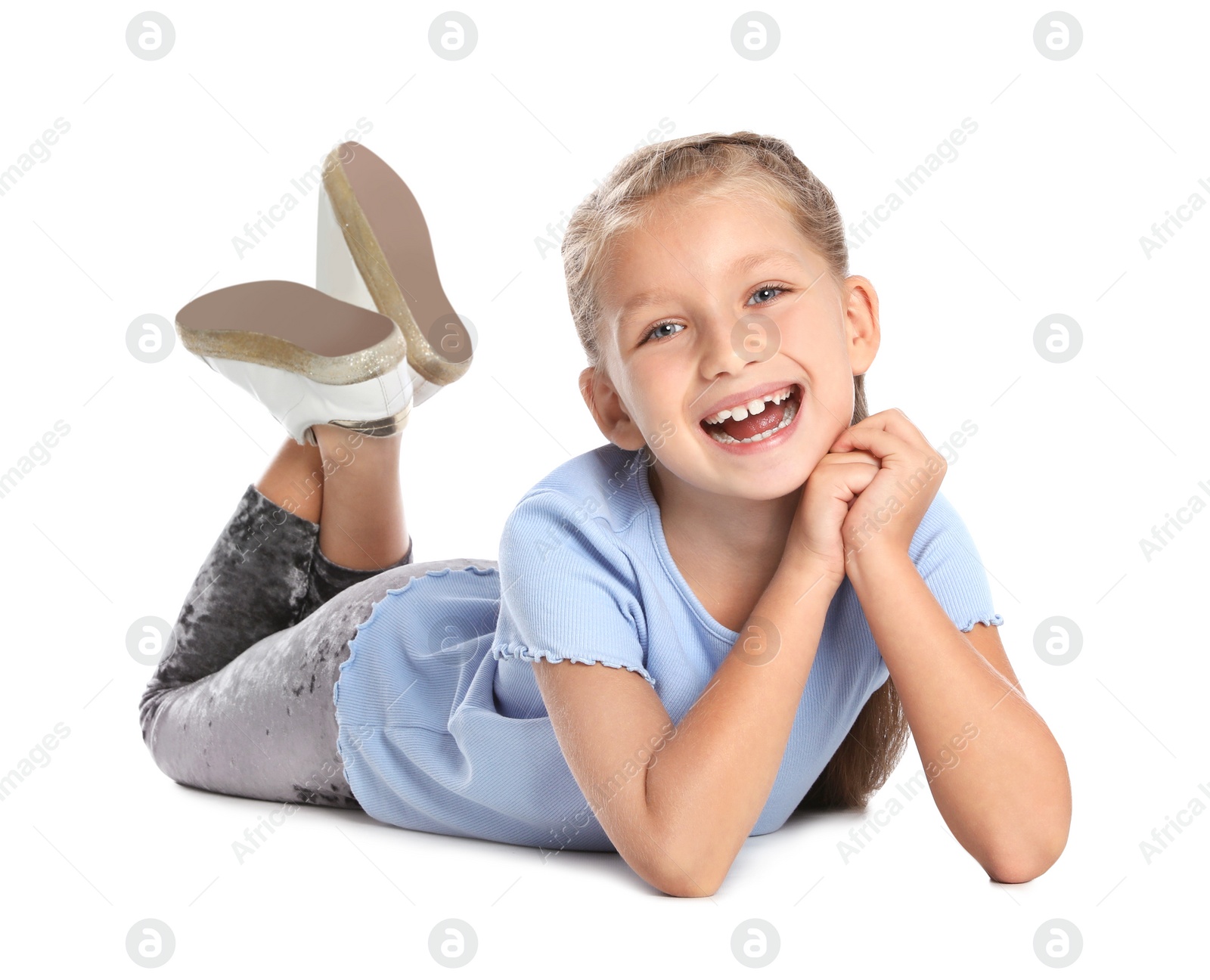 Photo of Portrait of adorable little girl on white background