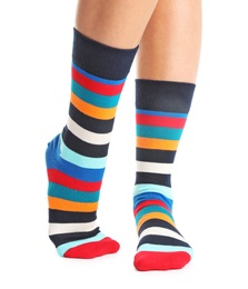 Photo of Woman in stylish socks on white background, closeup