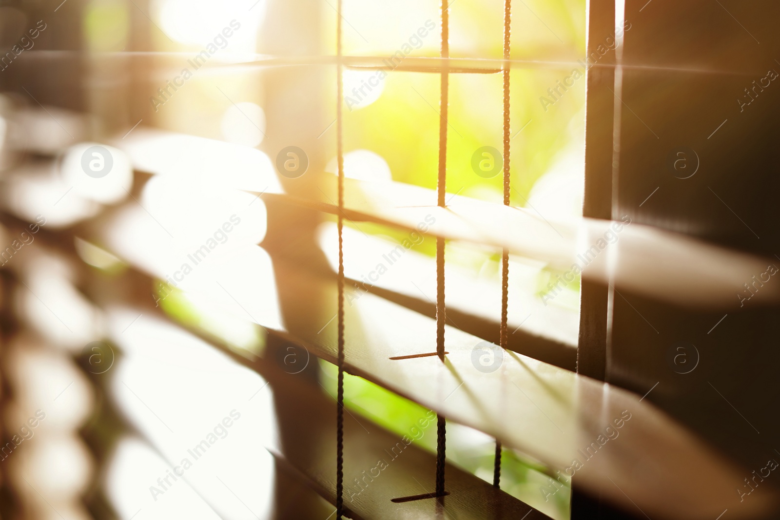 Image of Window with blinds on sunny day, closeup
