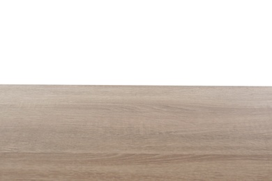 Stylish wooden table top against white background