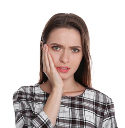 Photo of Woman suffering from toothache on white background