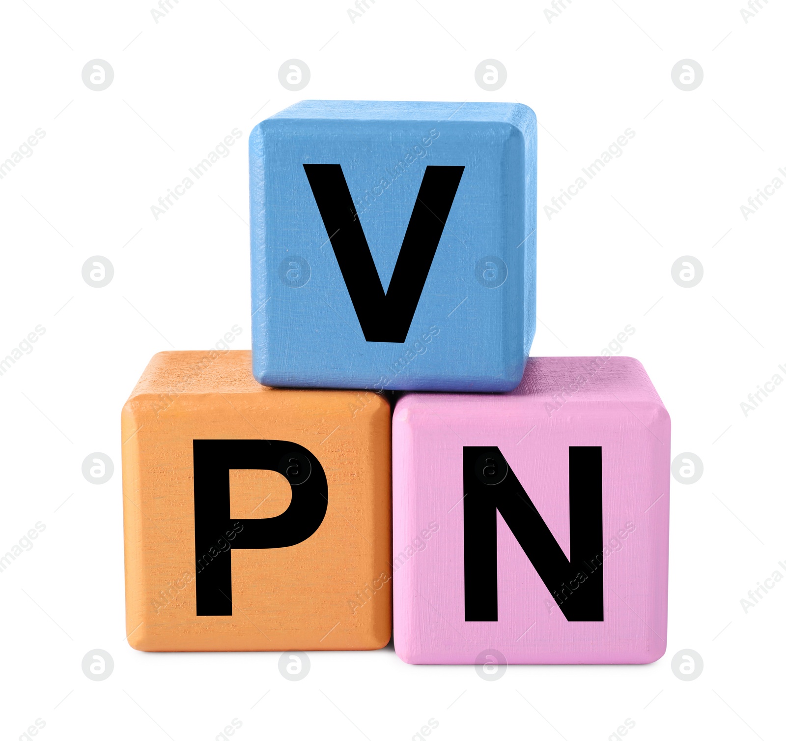 Photo of Acronym VPN (Virtual Private Network) made of colorful cubes isolated on white