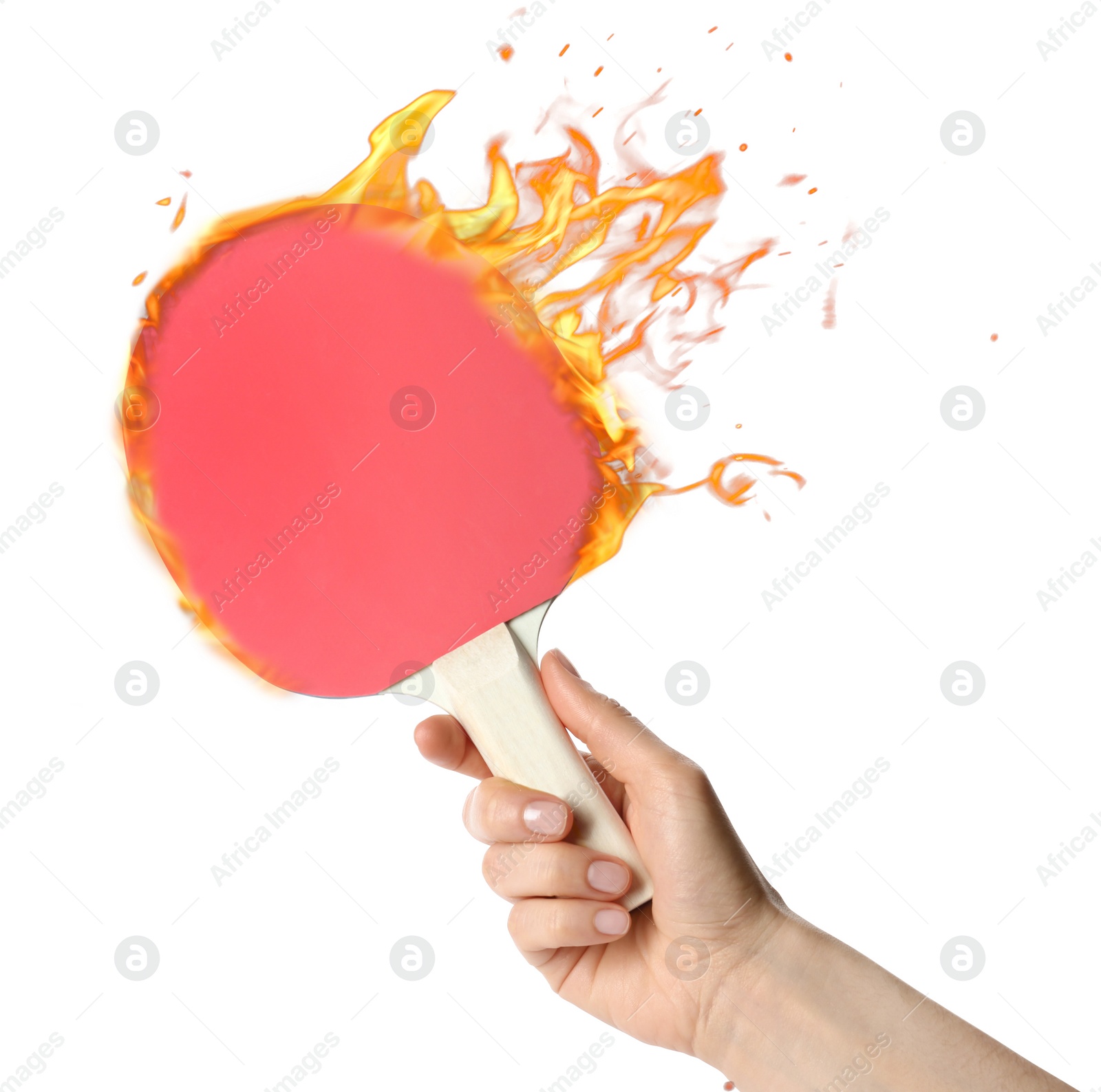 Image of Woman holding racket in fire on white background, closeup