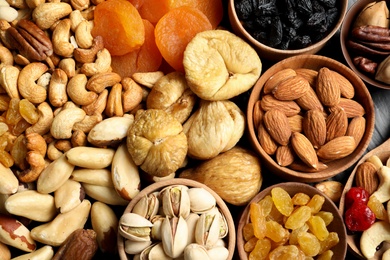 Composition of different dried fruits and nuts, top view
