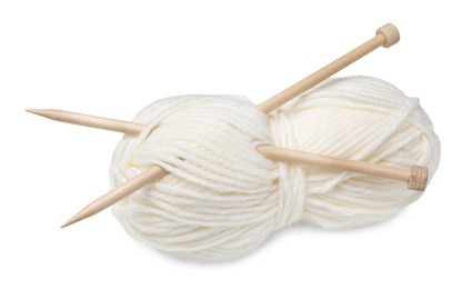 Photo of Soft woolen yarn with knitting needles on white background