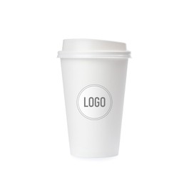 Image of Takeaway paper coffee cup with logo on white background