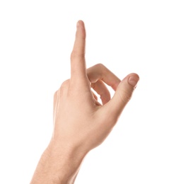 Photo of Man pointing at something on white background, closeup of hand