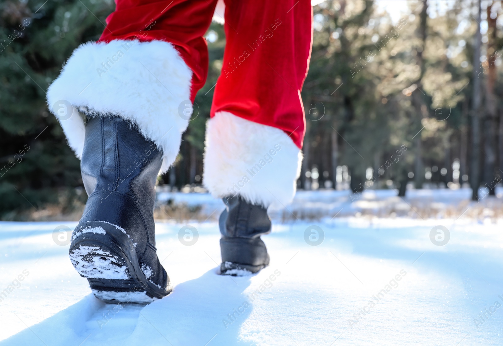 Photo of Authentic Santa Claus walking outdoors, focus on legs