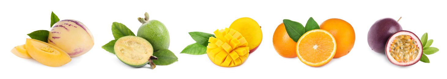 Image of Set with different tasty exotic fruits on white background. Banner design