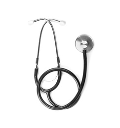 Photo of Stethoscope on white background, top view. Medical object