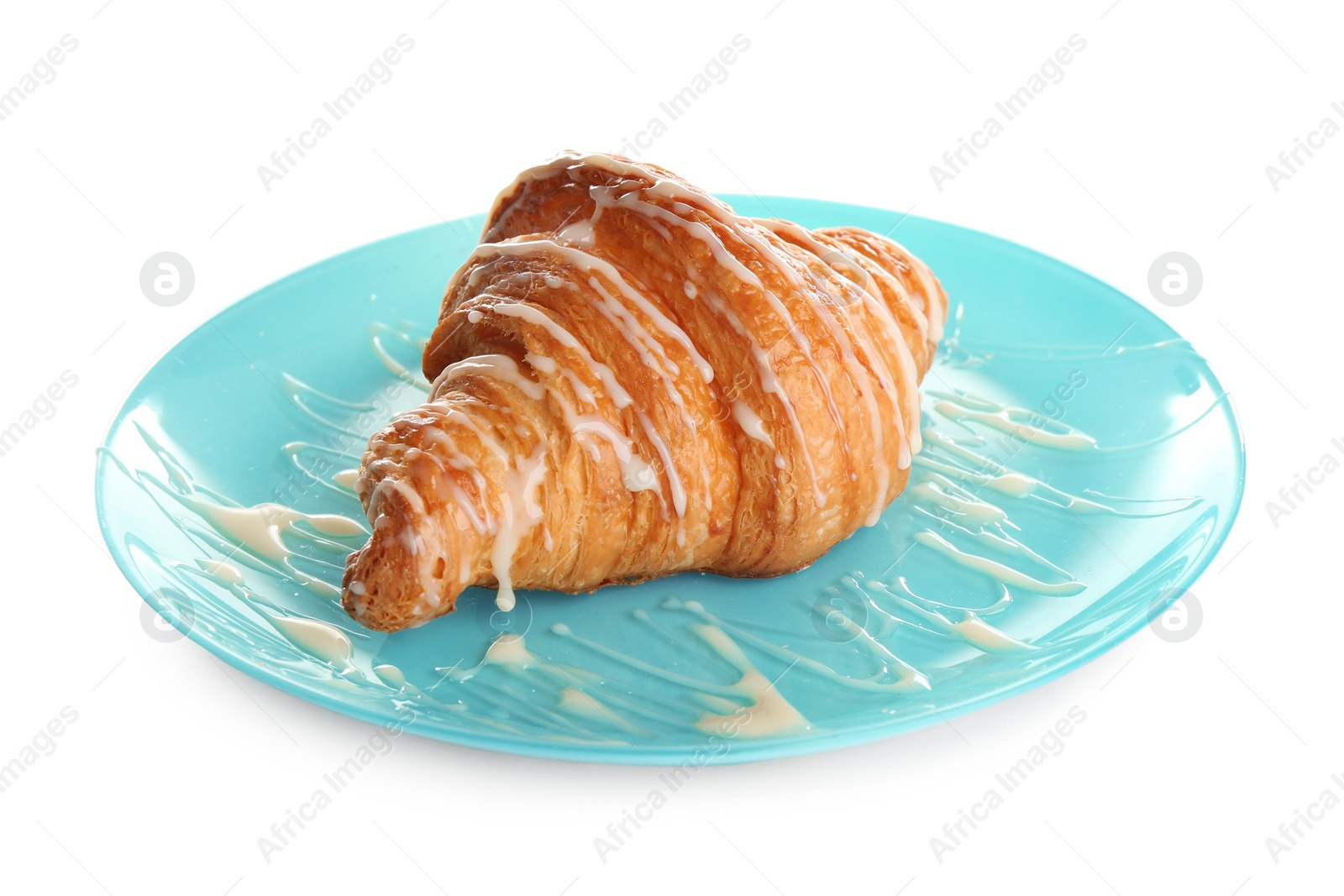 Photo of Plate of fresh croissant with condensed milk on white background. French pastry