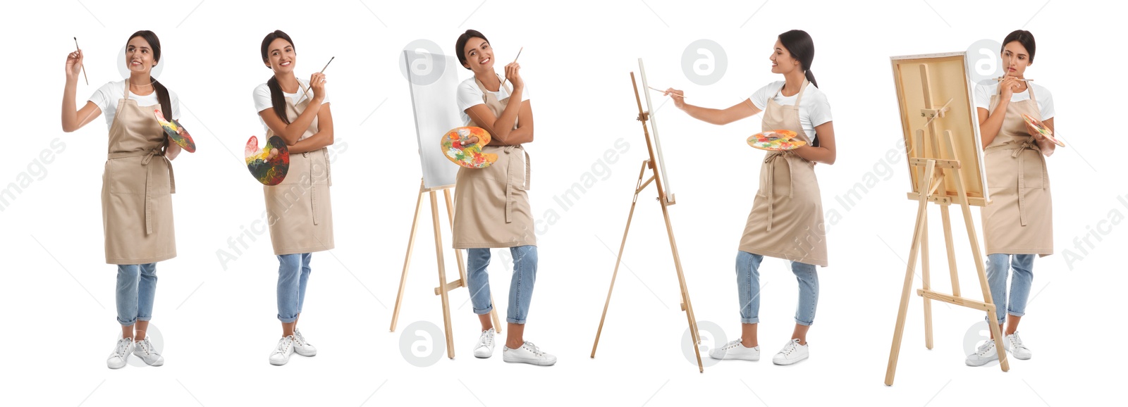 Image of Young woman drawing on easel against white background, collage. Banner design