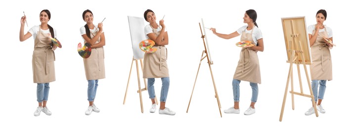 Image of Young woman drawing on easel against white background, collage. Banner design