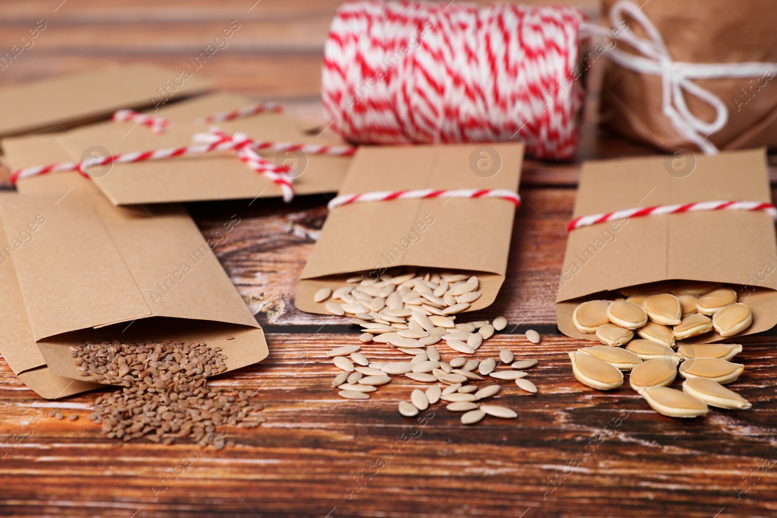 Photo of Many different vegetable seeds on wooden table, closeup