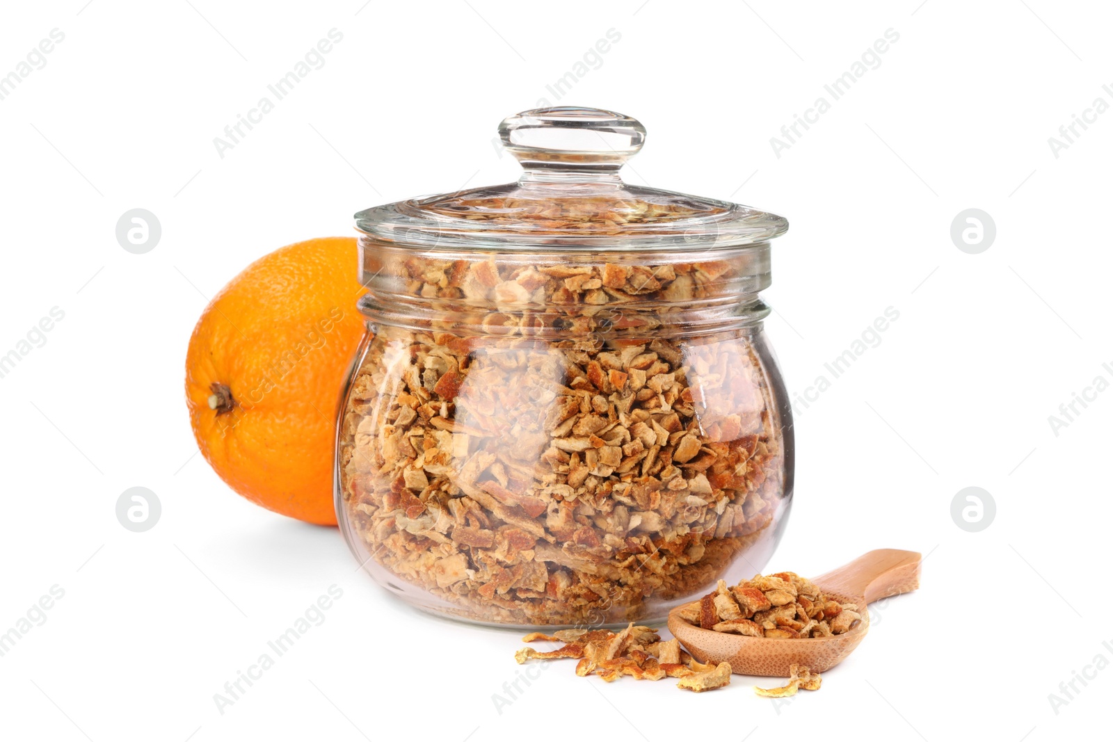 Photo of Jar of dried orange zest seasoning and fresh fruit isolated on white