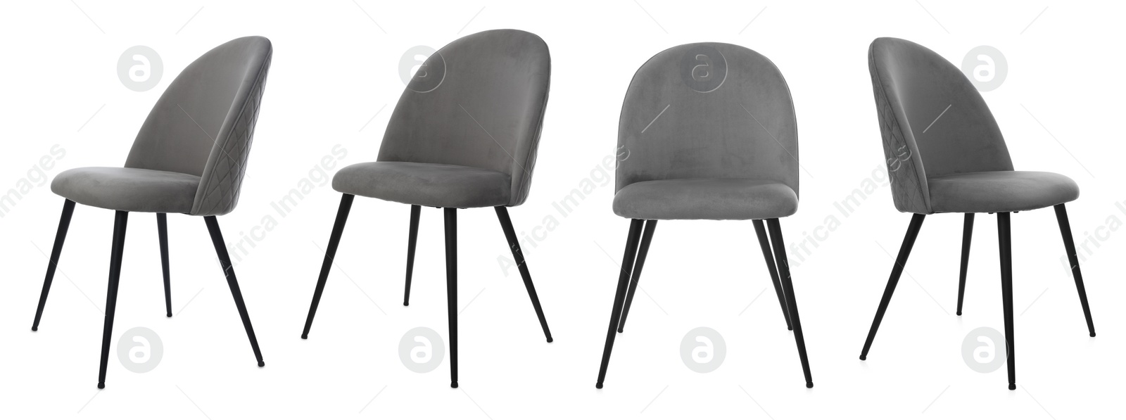 Image of Set with comfortable grey chairs on white background. Banner design