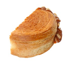 Photo of Half of round croissant with chocolate paste and nuts isolated on white. Tasty puff pastry