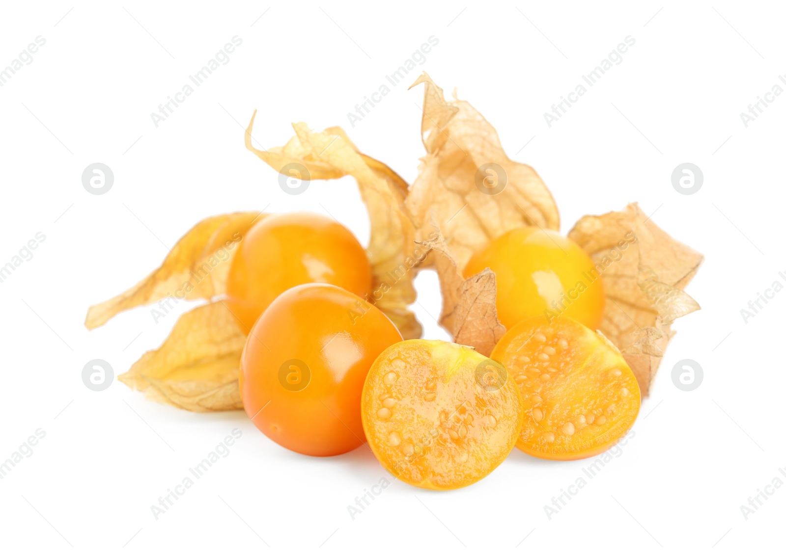 Photo of Ripe physalis fruits with dry husk on white background