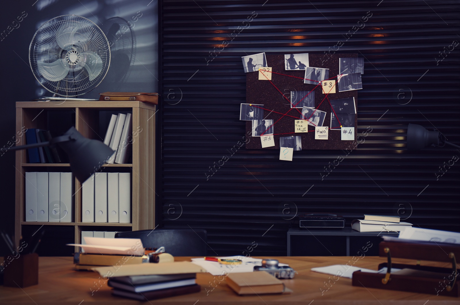 Photo of Detective office interior with evidence board on wall