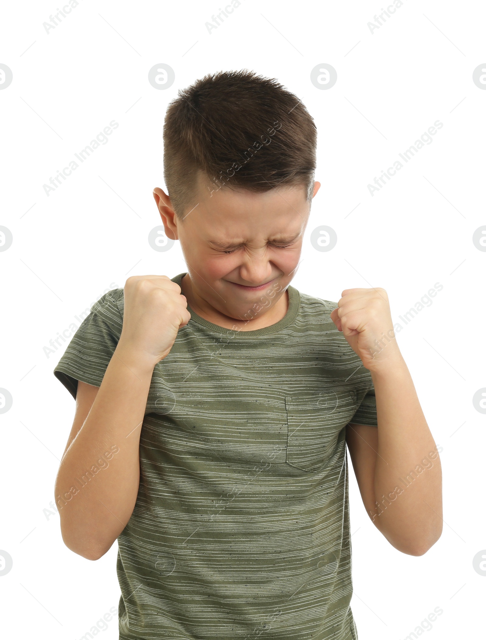 Photo of Portrait of emotional preteen boy on white background