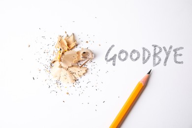 Image of Pencil, shavings and word Goodbye on white background, top view
