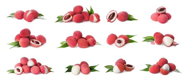 Set of delicious fresh lychees on white background. Banner design 
