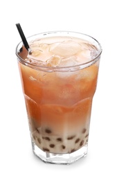 Tasty milk bubble tea isolated on white