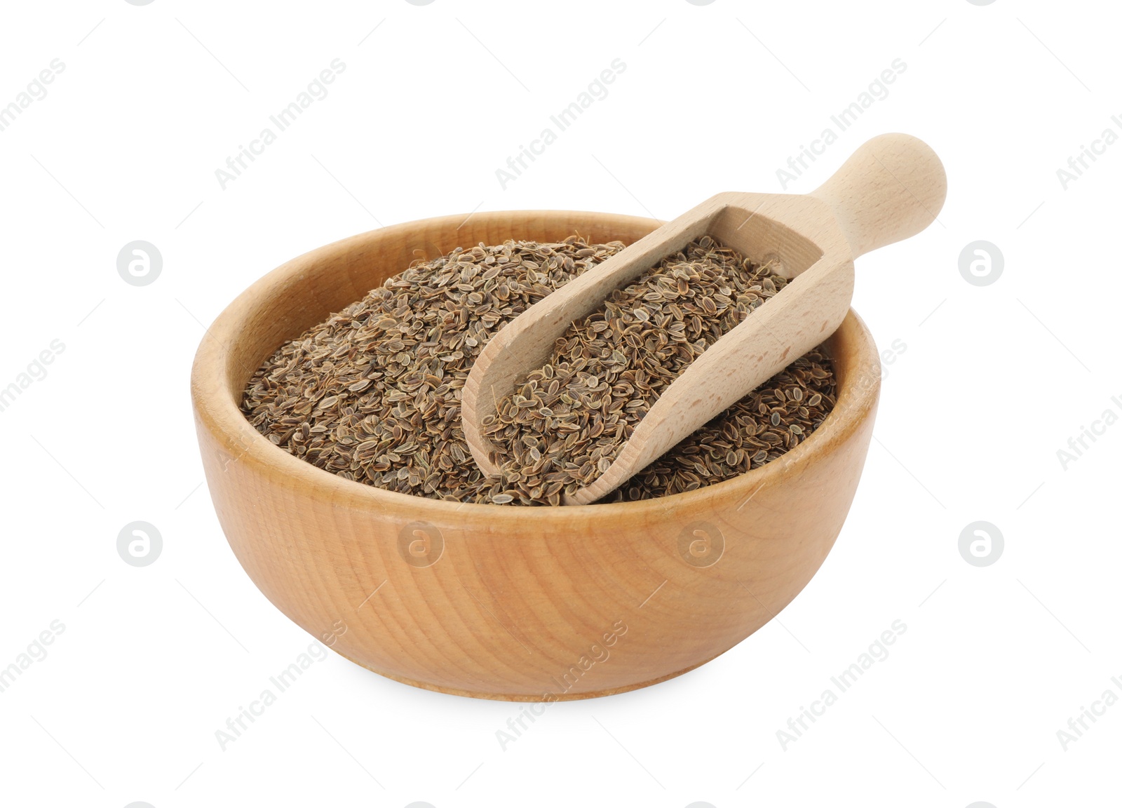 Photo of Bowl of dry dill seeds and scoop isolated on white