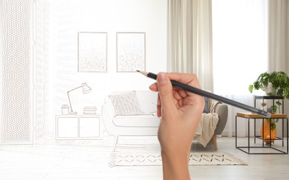Image of Woman drawing living room interior design, closeup. Combination of photo and sketch