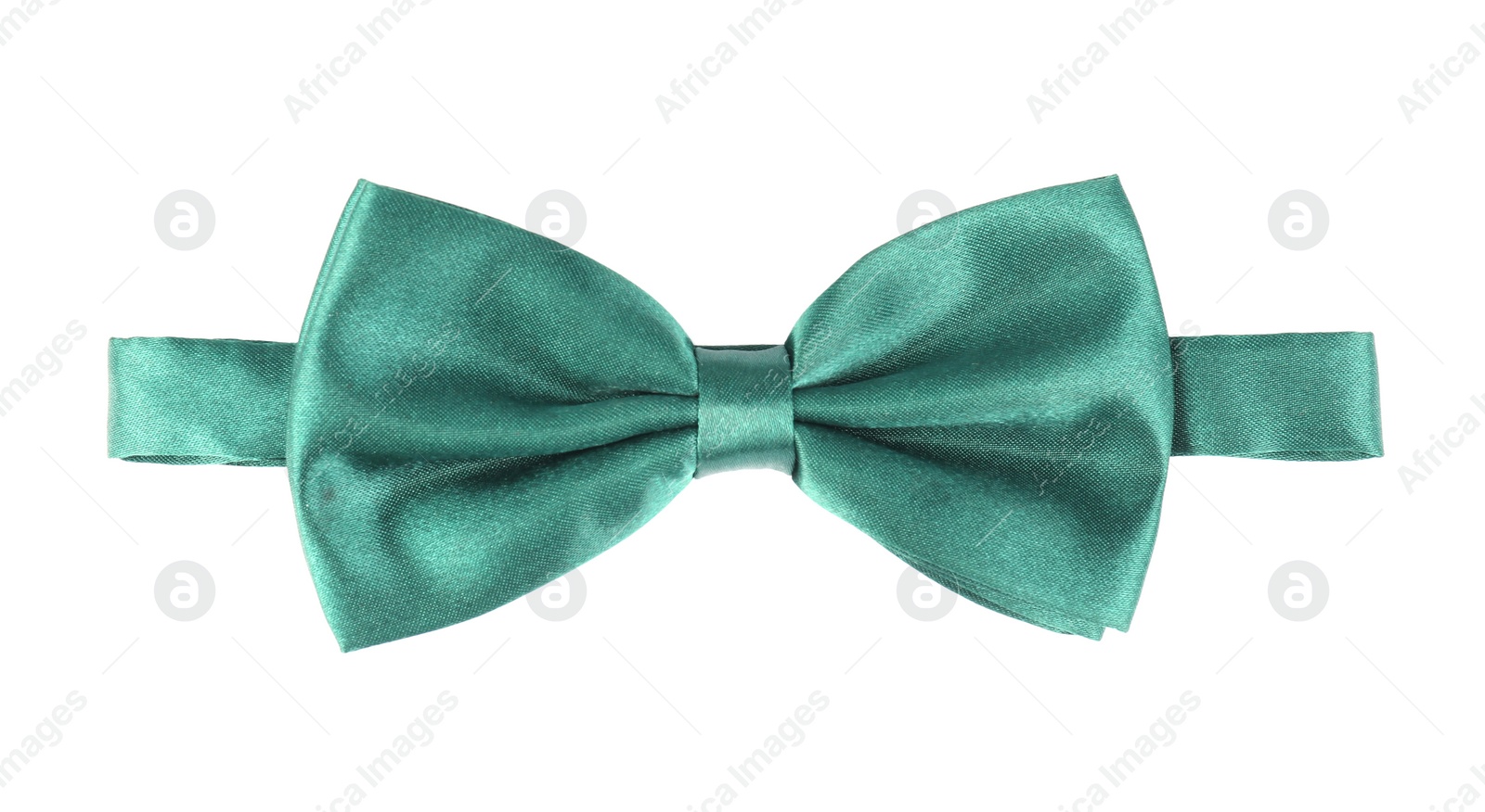 Photo of Stylish green satin bow tie isolated on white, top view