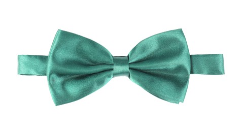 Photo of Stylish green satin bow tie isolated on white, top view