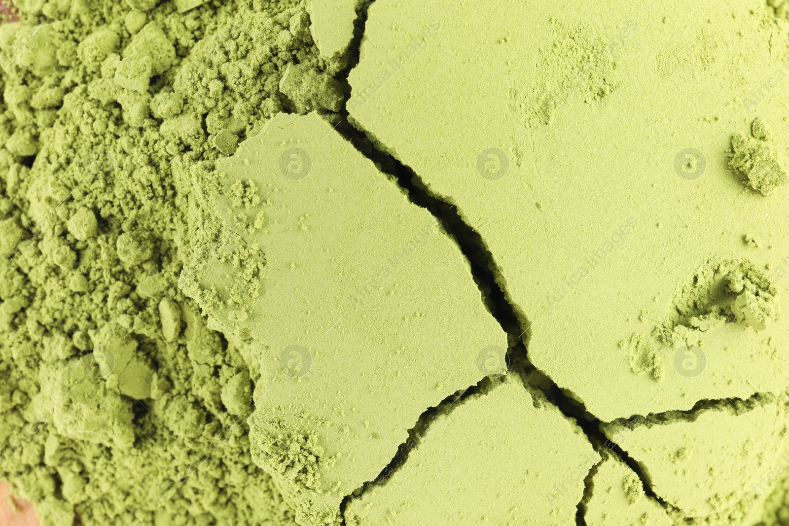 Photo of Green matcha powder as background, top view