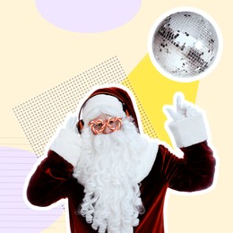 Image of Creative Christmas collage. Santa Claus with headphones listening to music under disco ball against color background