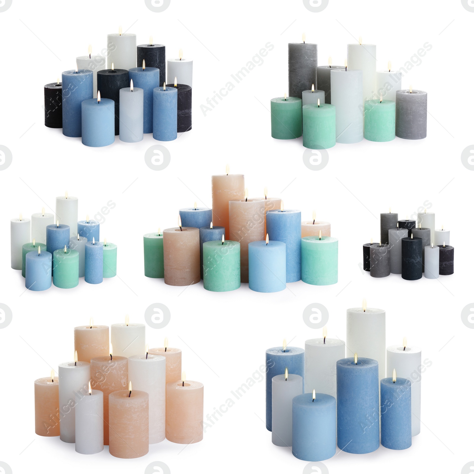 Image of Set of burning color candles on white background