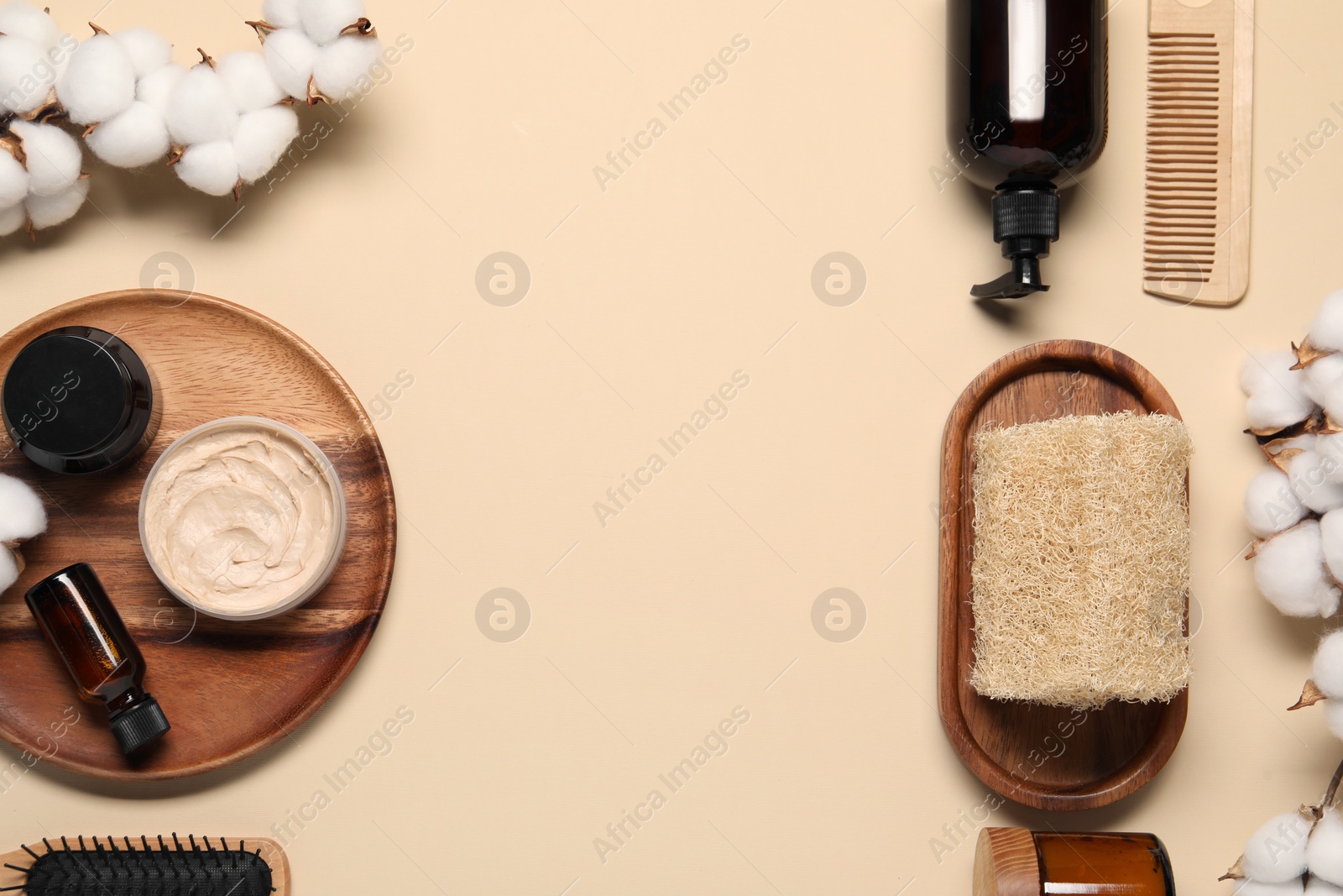 Photo of Bath accessories. Flat lay composition with personal care products on beige background, space for text