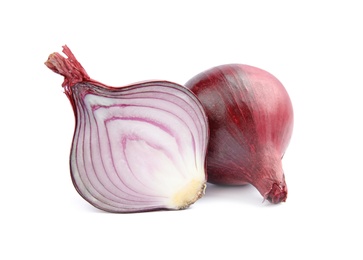 Photo of Ripe red onions on white background