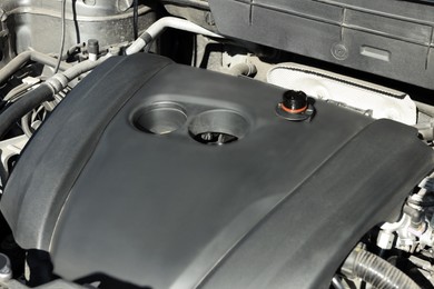 Closeup view of car engine in modern auto