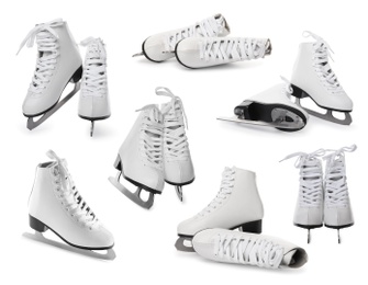 Image of Set with ice skates on white background 