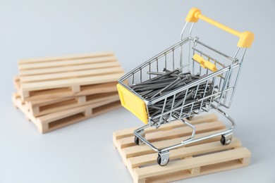 Metal nails in shopping cart on light grey background, space for text