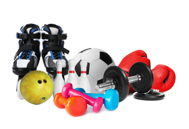 Set of different sport equipment on white background