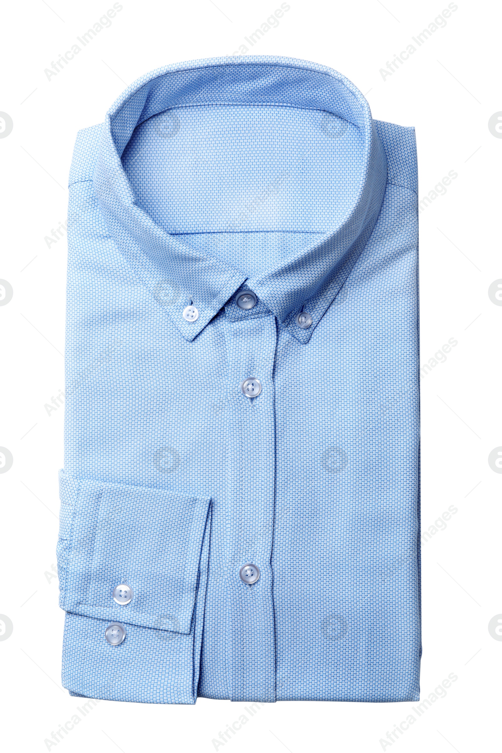 Photo of Male stylish light blue shirt isolated on white, top view