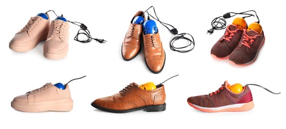 Image of DIfferent stylish footwear with electric shoe dryers on white background, collage. Banner design